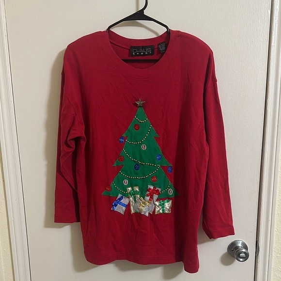 Vintage Christmas Tree Present Beaded Embroidered Long Sleeve Top - Picture 1 of 7